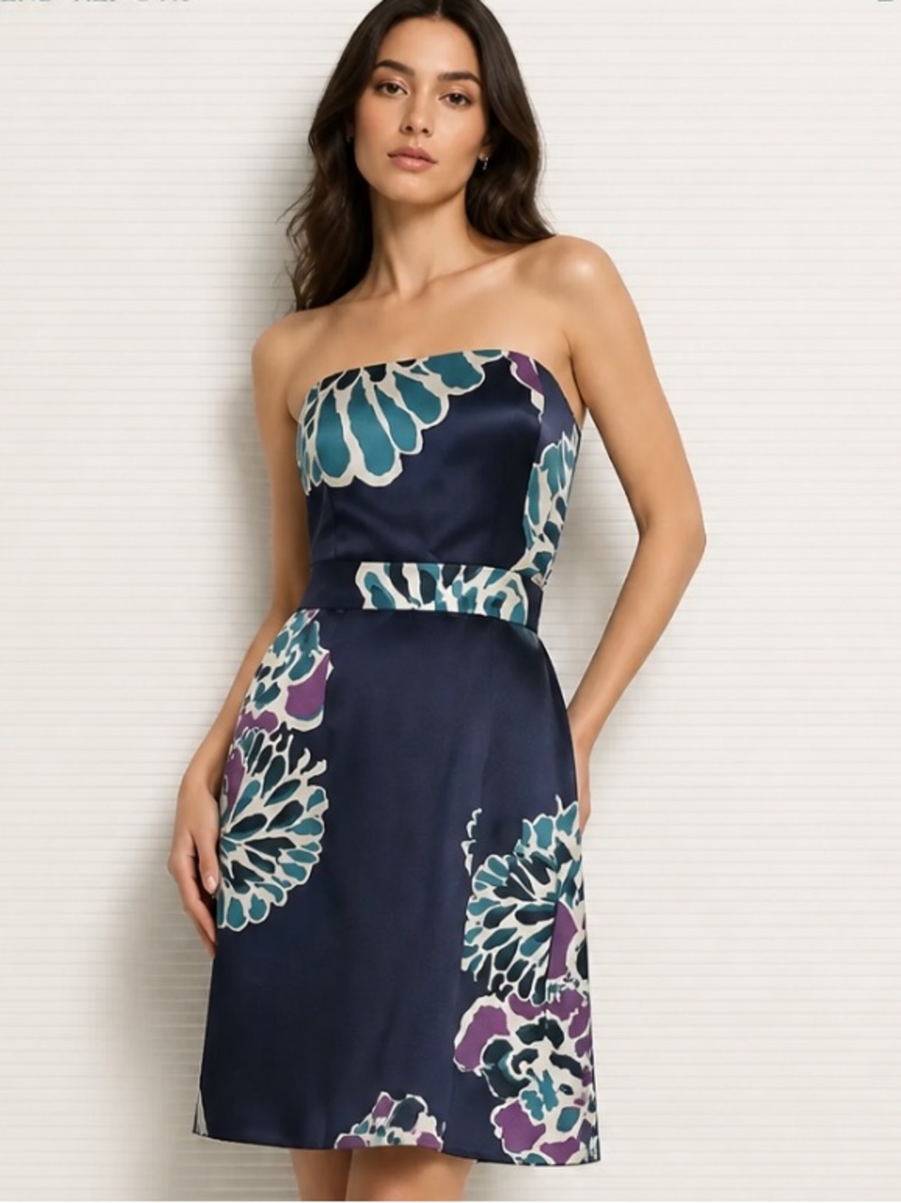 TIBI Dress 100% Silk Midnight Bloom Strapless Fit Flare Floral Green Blue $345 4